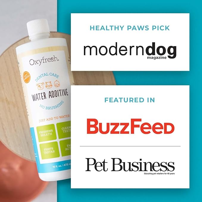 Oxyfresh Premium Pet Dental Care Solution Pet Water Additive: Best Way to Eliminate Bad Dog Breath and Cat Bad Breath - Fights Tartar &amp; Plaque - So Easy, Just Add to Water! Vet Recommended 16 oz.