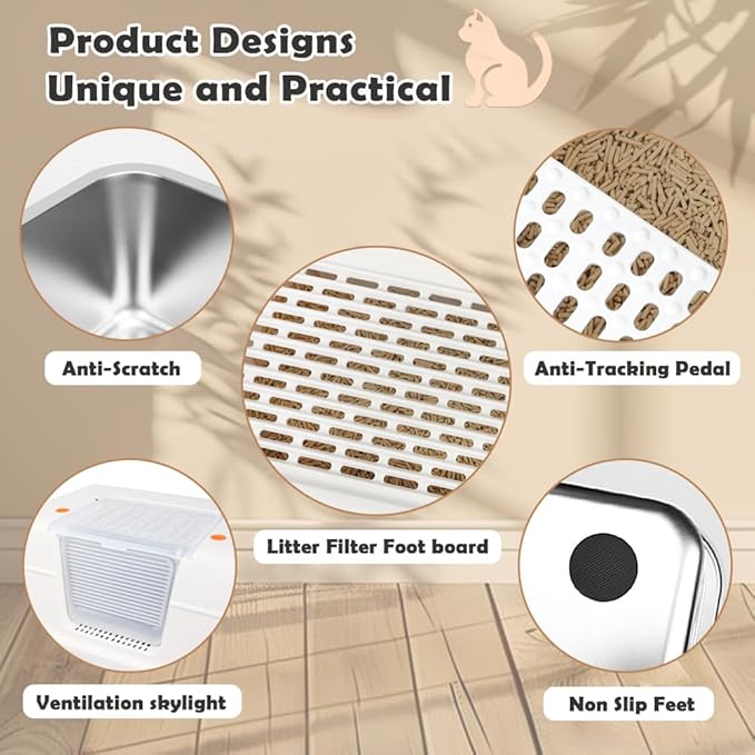 Vivifying Stainless Steel Litter Box with Lid, XL Side Entry Extra Large Litter Box for Big Cats &amp; Kitty, Removable Enclosed Metal Cat Pan with High Sided Enclosure, Scoop, Mat, Footboard (Beige)