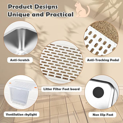 Vivifying Stainless Steel Litter Box with Lid, XL Side Entry Extra Large Litter Box for Big Cats &amp; Kitty, Removable Enclosed Metal Cat Pan with High Sided Enclosure, Scoop, Mat, Footboard (Beige)