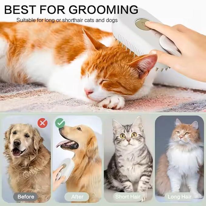 Rechargeable Steam Pet Brush – Grooming &amp; Deshedding Tool With Adjustable Handle | Cordless &amp; Quiet (White)