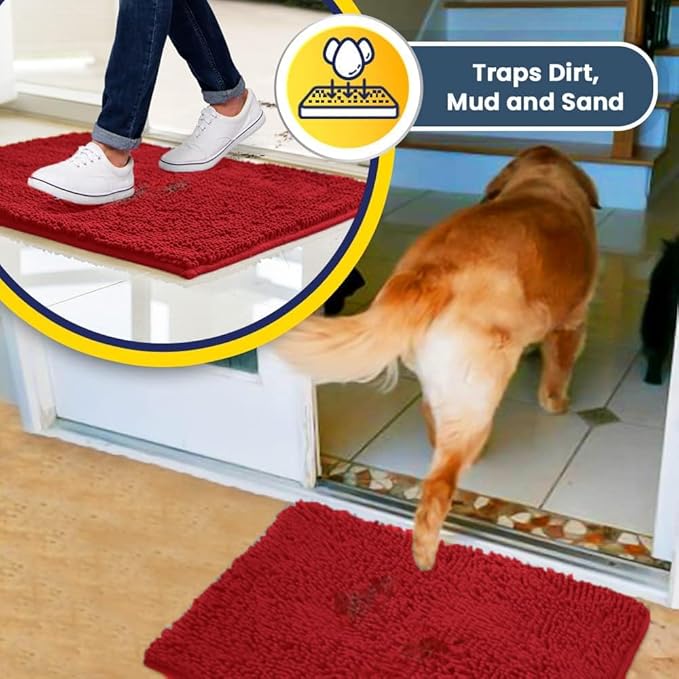 Muddy Mat® Pack of 3 Highly Absorbent Microfiber Dog Door Mat and Pet Rug, Non Slip Thick Washable Area Mat Soft Chenille for Kitchen Bathroom Bedroom and Outdoor - Red Small, Medium &amp; Large