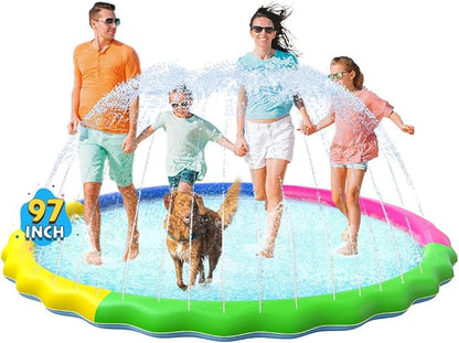 VISTOP Non-Slip Splash Pad for Kids and Dog, Thicken Sprinkler Pool Summer Outdoor Water Toys - Fun Backyard Fountain Play Mat for Baby Girls Boys Children or Pet Dog (97 inch, Red&amp;Yellow&amp;Green&amp;Blue)
