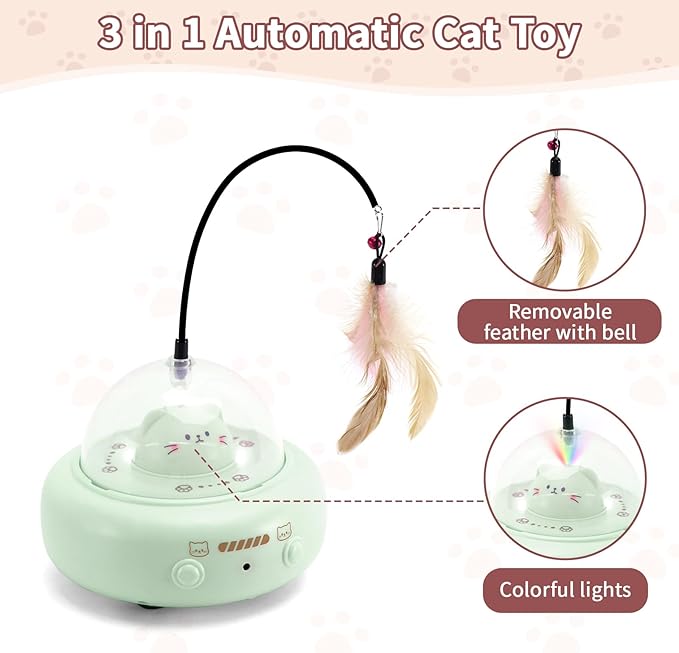 Automatic Cat Toys with Feathers, Interactive Cat Toy for Indoor Exercise, Rechargeable Teasing Toys for Indoor Cats, USB Powered, Smart Standby&amp;Obstacle Avoidance(Green)
