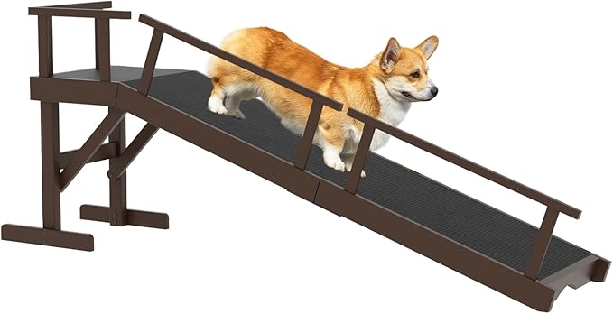 61" Dog Ramp for Bed, Pet Ramp with Removable Side Rail and Non-Slip Surface, Pet Ramp for Small &amp; Large &amp; Senior Dogs with Rest Platform and DIY Glow Strips,Dog Stairs for Couch, Brown