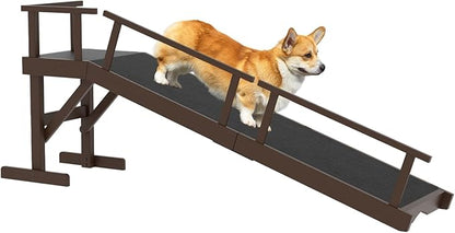 61" Dog Ramp for Bed, Pet Ramp with Removable Side Rail and Non-Slip Surface, Pet Ramp for Small &amp; Large &amp; Senior Dogs with Rest Platform and DIY Glow Strips,Dog Stairs for Couch, Brown