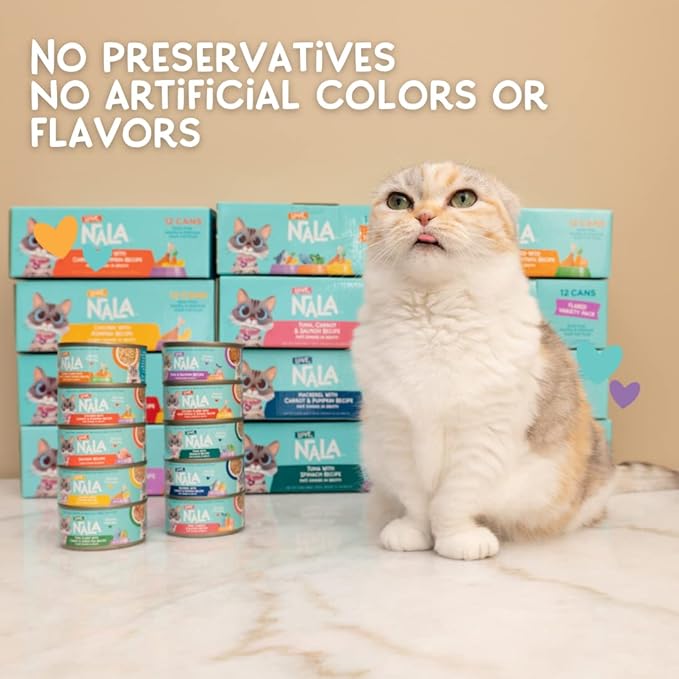 LOVE, NALA - Natural Adult Cat Wet Food - FLAKED Tuna and Salmon in Broth- Grain Free, Non-GMO, Lean Protein, Omega 3, Added Minerals &amp; Vitamins - 12 Pack 2.4 lbs.