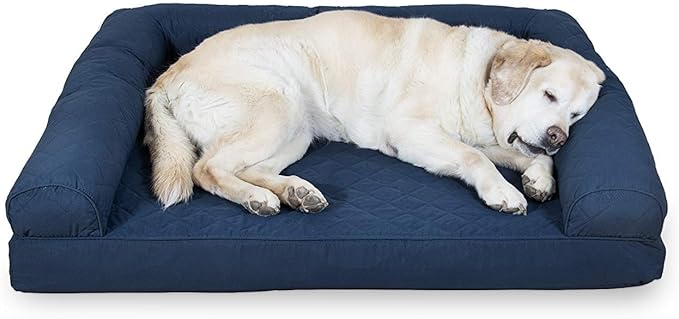 Furhaven Cooling Gel Dog Bed for Large Dogs w/ Removable Bolsters &amp; Washable Cover, For Dogs Up to 95 lbs - Quilted Sofa - Navy (Blue), Jumbo/XL