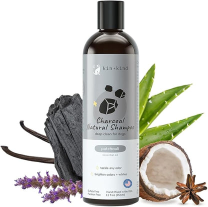 kin+kind Dog Shampoo - Deep Clean, Dirt &amp; Odor Remover w/Activated Charcoal for Dogs, Gentle Formula w/Natural Aloe, Olive Oil &amp; Coconut Oil, Pet Hair Care &amp; Grooming Products, Patchouli, 12 fl oz