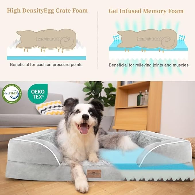 Comfort Expression XXL Dog Beds Waterproof for Extra Large Dogs, Orthopedic Memory Foam Dog Bed for Giant Dogs, Washable Pet Sofa Couch with Bolster &amp; Removable Cover(XX-Large,Light Grey)