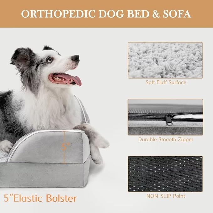 Comfort Expression XL Dog Beds Waterproof, Orthopedic Foam Dog Beds Large Sized, Bolster Dogs Beds Washable Pet Sofa with Removable Cover &amp; Non-Slip Bottom(X-Large,Grey White)