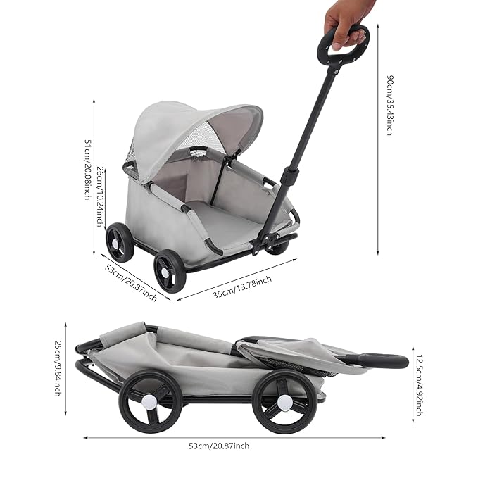 Small Dog Stroller, Pe4-Wheel Portable Dog &amp; Cat Stroller with Semi-Open Design, Foldable Pet Cart with Canopy for Small Dogs or Cats Weighing Less Than 15.43 Pounds (Grey)