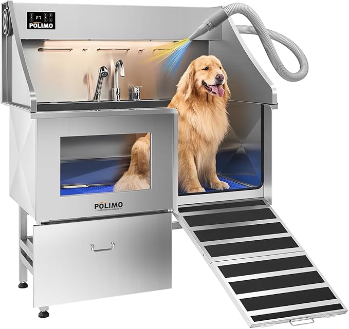 polimo Dog Washing Station with Dryer &amp; LED, Professional Stainless Steel Grooming Tub, Dog Bathtub for Large, Medium &amp; Small Dog, w/Window, Ramp, Drawer, Floor Grate &amp;Fauct （Right RAMP &amp; Dryer, 50"）