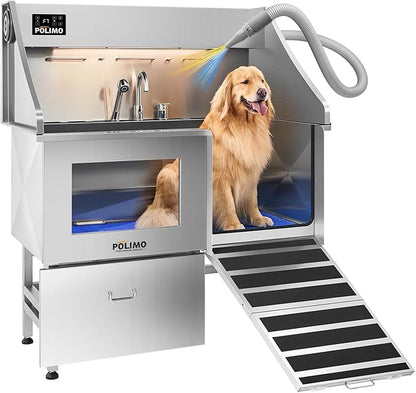 polimo Dog Washing Station with Dryer &amp; LED, Professional Stainless Steel Grooming Tub, Dog Bathtub for Large, Medium &amp; Small Dog, w/Window, Ramp, Drawer, Floor Grate &amp;Fauct （Right RAMP &amp; Dryer, 50"）