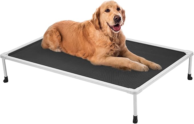Veehoo Chewproof Elevated Dog Bed - Cooling Raised Pet Cot, Breathable Mesh, Washable &amp; Non-Slip for Large Dogs, Indoor/Outdoor, Black Mat and Silver Metal Frame, 42x30inches (Model CWC2203B03)