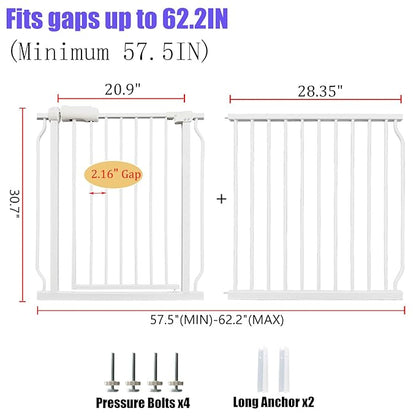 Extra Wide Baby Gates 57.5-62 Inch, Large Metal Safety Gate for Stairs, Doorways - No Drilling, Pressure Mounted Pet Gates for Kids &amp; Dogs