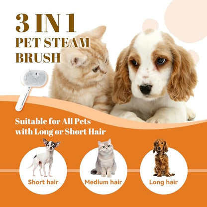 Cat Steam Brush, 3 in 1 Pet Spray Hair Removal Comb for Shedding &amp; Grooming, Pet Grooming Brush with Spray, One-Click Release Button and Tank, Spritz Defur Comb for Cats Dogs, Effective(White)
