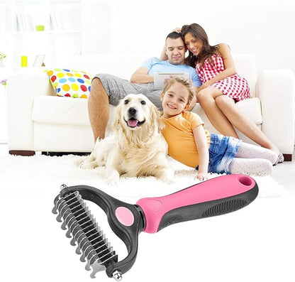 Pet Grooming Tool - 2 Sided Undercoat Rake for Cats and Dogs - Safe Dematting Comb for Easy Mats &amp; Tangles Removing - No More Nasty Shedding and Flying Hair