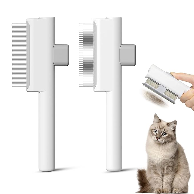 Pet Grooming Combo - Flea Comb(Dense Teeth) and Pet Hair Removal Comb(Long &amp; Short Stainless Steel Teeth) with Release Button for Grooming Massaging and Cleaning Remove Fleas on Cat and Dog