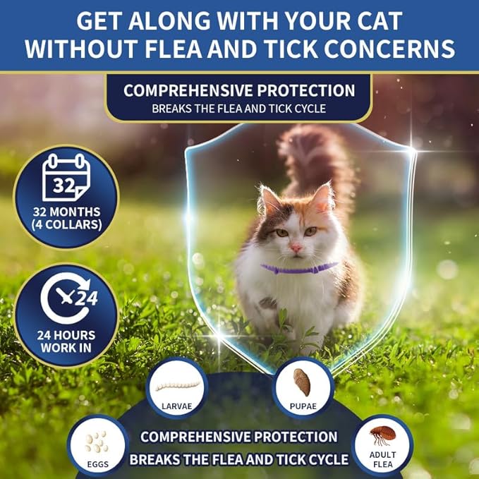 4 Pack Flea Collar for Cats, 32 Months Flea and Tick Prevention for Cats, Waterproof Cat Flea Collar, Natural Cat Flea and Tick Treatment, Adjustable Flea and Tick Collar for Cats Kittens(Grey&amp;Purple)