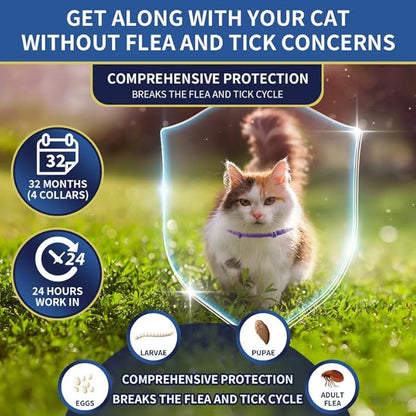 4 Pack Flea Collar for Cats, 32 Months Flea and Tick Prevention for Cats, Waterproof Cat Flea Collar, Natural Cat Flea and Tick Treatment, Adjustable Flea and Tick Collar for Cats Kittens(Grey&amp;Purple)