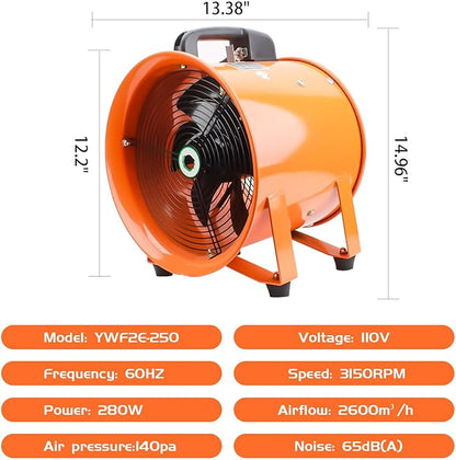 10-Inch High-Velocity Portable Utility Blower Fan, Industrial Exhaust Fan with 16.4ft Flexible Duct Hose, 3150 RPM Low-Noise Ventilator for Basements, Workshops, Warehouses, and Confined Spaces