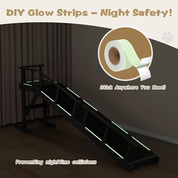 73" Dog Ramp for Bed, Pet Ramp with Removable Side Rail and Non-Slip Surface, Pet Ramp for Small &amp; Large &amp; Senior Dogs with Rest Platform and DIY Glow Strips,Dog Stairs for Couch, Black