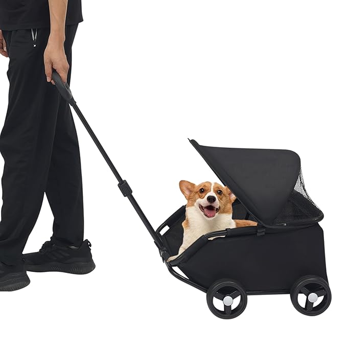 Small Dog Stroller, Pe4-Wheel Portable Dog &amp; Cat Stroller with Semi-Open Design, Foldable Pet Cart with Canopy for Small Dogs or Cats Weighing Less Than 15.43 Pounds (Black)
