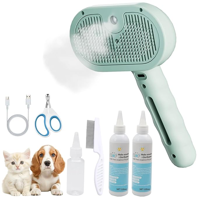 Pet Steam Brush for Cat &amp; Dog – 4-in-1 De-Shedding, Steam Spray, and Self-Cleaning Grooming Tool – Ideal for Long and Short-Haired Pets– Includes 2 Bottles of 120 mL Waterless Shampoo(Green)