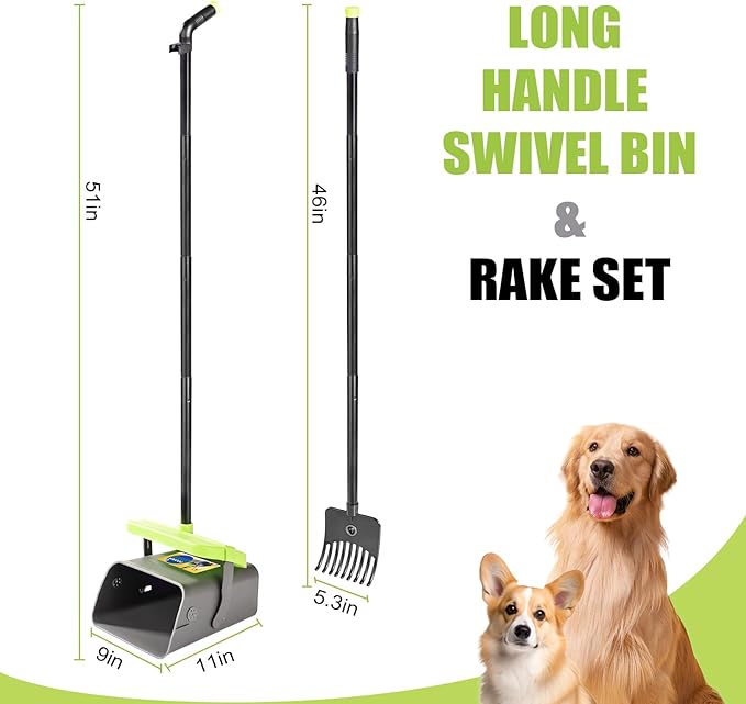 Pooper Scooper Swivel Bin &amp; Rake Kit with 35 Bags – 46" Long Handle Heavy Duty Dog Poop Scooper with Bag Attachment, Yard Pet Waste Cleanup Tool for Large Medium Small Dogs