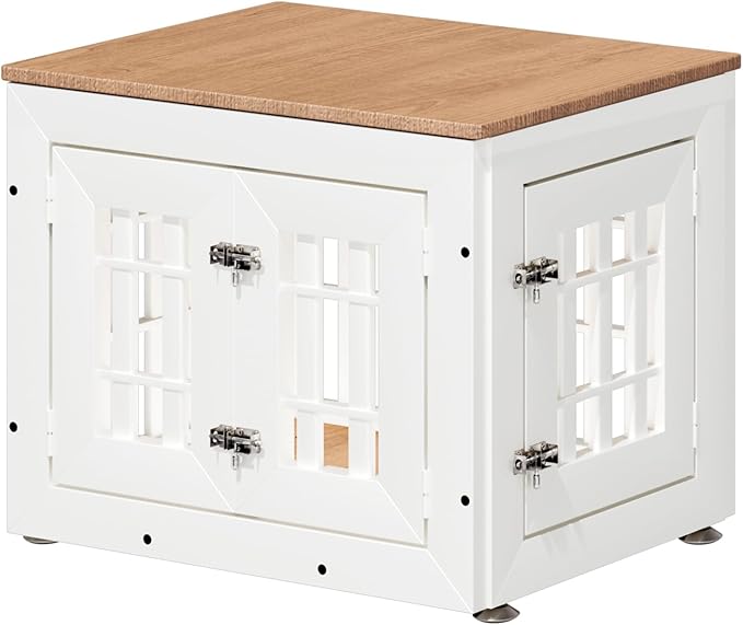 26" Heavy Duty Dog Crate Furniture for Small,Medium and Large Dogs,Rustic Wooden Dog Cage Kennel Indoor Furniture with Waterproof Top,Decorative Pet House Side End Table (White &amp; Wood)