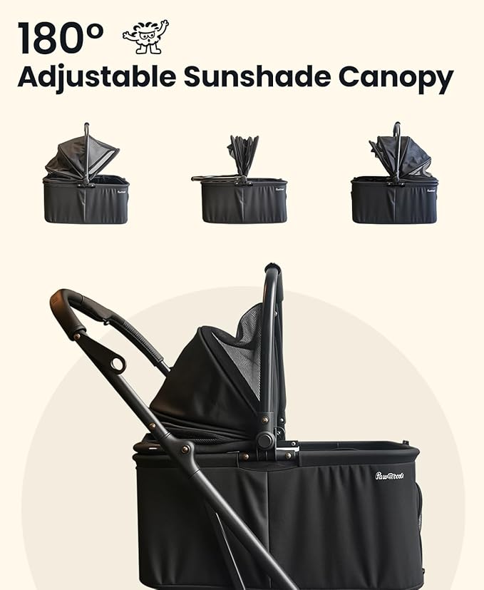 4 Wheels Pet Stroller, Dog Stroller for Small/Medium Dogs and Cats up to 33 lbs, One-Click Fold &amp; Draggable, Removable Carrier, Zipperless Entry, Mesh Windows, Black