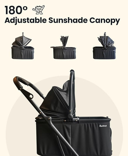 4 Wheels Pet Stroller, Dog Stroller for Small/Medium Dogs and Cats up to 33 lbs, One-Click Fold &amp; Draggable, Removable Carrier, Zipperless Entry, Mesh Windows, Black