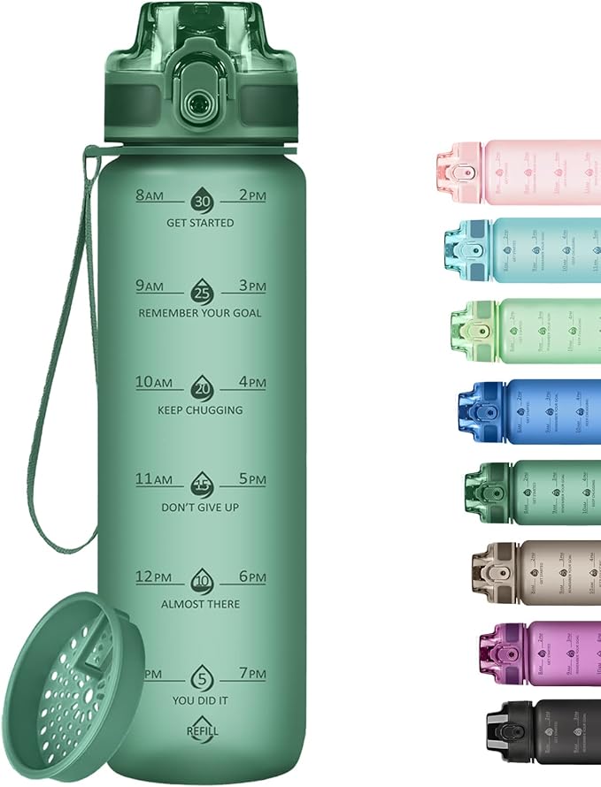 32oz Motivational Water Bottles with Time Marker &amp; Fruit Strainer, Transparent Gradient Color Water Bottle with Times to Drink, Leakproof &amp; BPA Free, Reusable Bottle with Strap (No Straw)