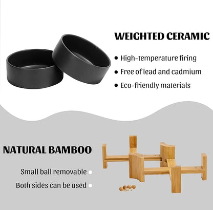 SPUNKYJUNKY 15° Slanted Ceramic Dog and Cat Bowl with Wooden Stand, Tilted Bulldog Food and Water Bowl No Slip Non-Spill for Cats Medium Dogs Big Face Pets 28.7 OZ (3.6 Cups, Black × 2)