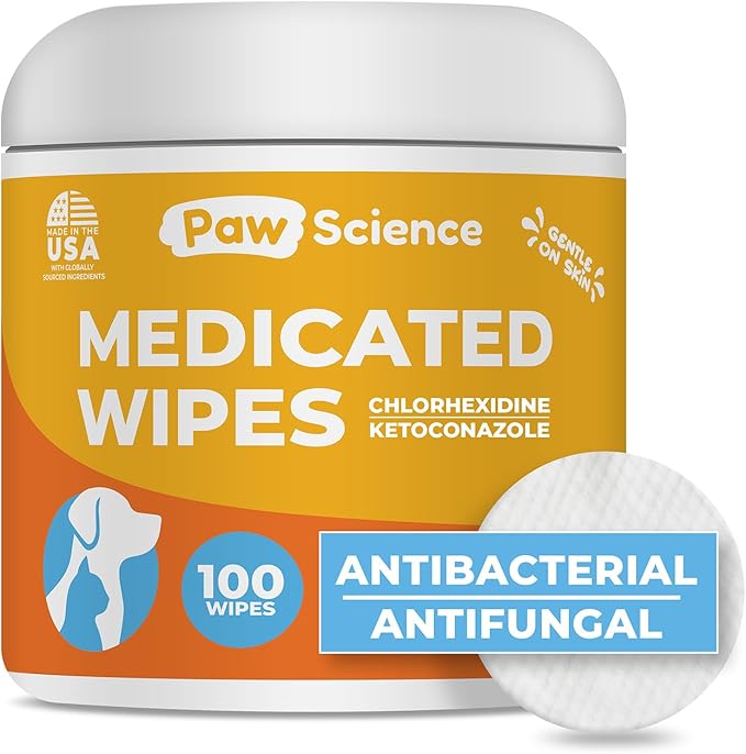 Antibacterial &amp; Antifungal Medicated Wipes for Dogs and Cats – 100 Count - Chlorhexidine Wipes with Ketoconazole for The Treatment of Rashes, Skin Infections, Itchy Paws, and Pet Acne