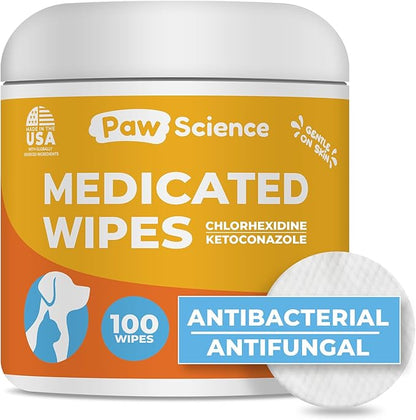 Antibacterial &amp; Antifungal Medicated Wipes for Dogs and Cats – 100 Count - Chlorhexidine Wipes with Ketoconazole for The Treatment of Rashes, Skin Infections, Itchy Paws, and Pet Acne