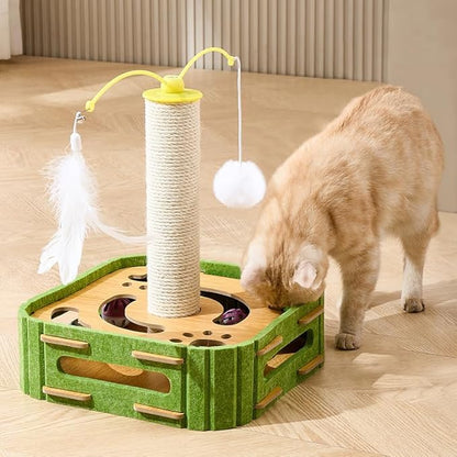Interactive Cat Puzzle Toy - Scratching Post with Spinning Balls &amp; Feathers for Indoor Cats, Satisfies Hunting Instinct, Self-Play Mental Stimulation Game with Rolling Track