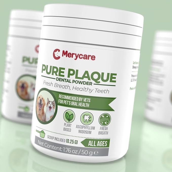 Pure Plaque Off Vet-Approved Dental Powder for Dogs &amp; Cats | 100% Natural Teeth Cleaner with Seaweed | Plaque &amp; Tartar Remover | Freshens Breath | No Brushing Needed (50g)