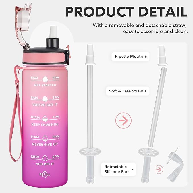 Enerbone Water Bottle, Leakproof BPA &amp; Toxic Free, Motivational Water Bottle with Times to Drink and Straw, Fitness Sports Water Bottle with Strap for Office, Gym, Outdoor Sports
