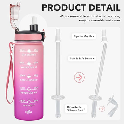 Enerbone Water Bottle, Leakproof BPA &amp; Toxic Free, Motivational Water Bottle with Times to Drink and Straw, Fitness Sports Water Bottle with Strap for Office, Gym, Outdoor Sports
