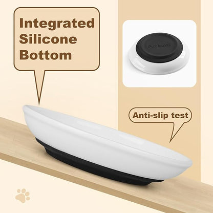 Ceramic Cat Food Bowls - 4 Pack Shallow Plates for Wet Food, Whisker-Friendly Feeding Dish with Non-Slip Silicone Base, Microwave &amp; Dishwasher Safe for Indoor Cats &amp; Kittens