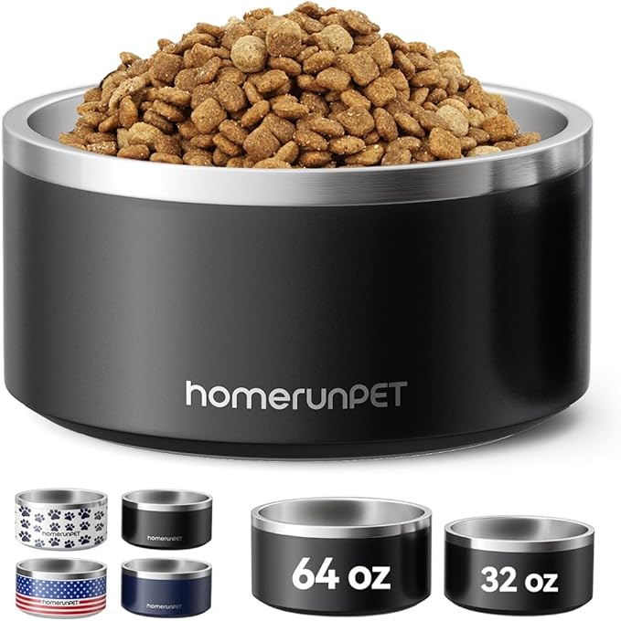Homerunpet Double Wall Stainless Steel Dog Bowls, Non-Slip Base, Dishwasher Safe, Durable Pet Food &amp; Water Bowl for Dogs &amp; Cats(32oz, Black)
