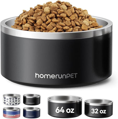 Homerunpet Double Wall Stainless Steel Dog Bowls, Non-Slip Base, Dishwasher Safe, Durable Pet Food &amp; Water Bowl for Dogs &amp; Cats(32oz, Black)
