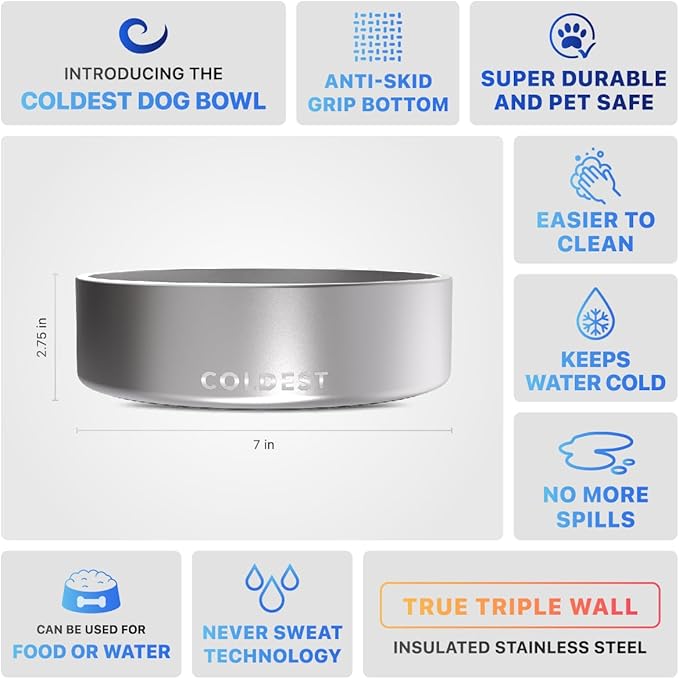 Coldest Dog Bowl - Anti Rust Metal, Non Slip, 3 Layers Insulated Stainless Steel Dog Bowls - Spill Proof &amp; Heavy Duty - Water Bowl for Dogs, Cats, Dish Washer Safe (42 oz, Polished Stainless Steel)
