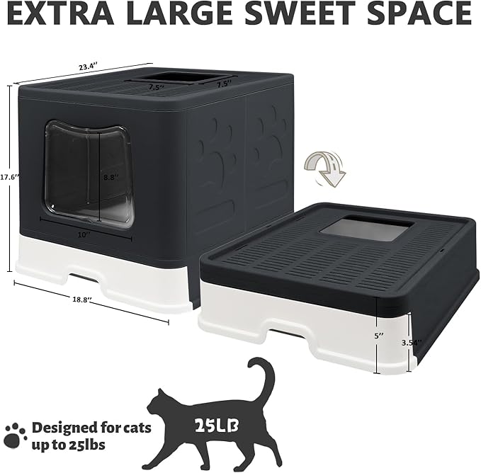 XL Foldable Cat Litter Box with Lid - Jumbo Enclosed Potty - Top Entry Anti-Splashing Toilet - Includes Scoop &amp; 2-in-1 Cleaning Brush (Black)