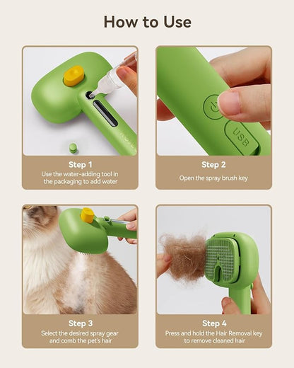 ROJECO 3-in-1 Pet Steam Brush for Cats&amp;Dogs - Detangling Comb with Adjustable Mist, Handheld Deshedding Grooming Tool for Long/Short Hair, Massage Brush &amp; Shedding Control Gift,Cordless (Green)