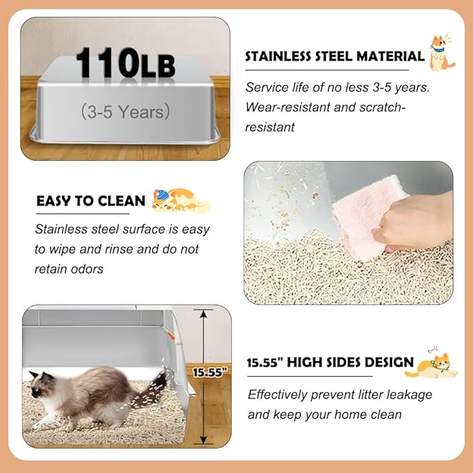 Vivifying Stainless Steel Litter Box with Lid, XL Side Entry Extra Large Litter Box for Big Cats &amp; Kitty, Removable Enclosed Metal Cat Pan with High Sided Enclosure, Scoop, Mat, Footboard (Beige)