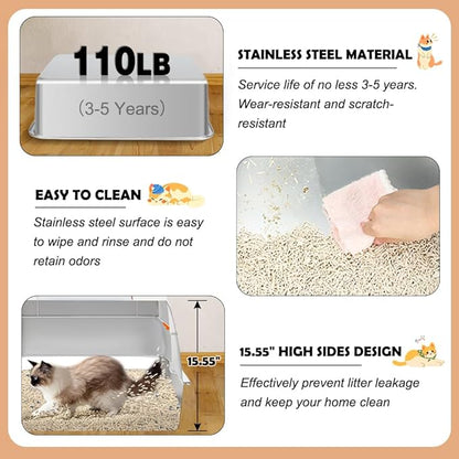 Vivifying Stainless Steel Litter Box with Lid, XL Side Entry Extra Large Litter Box for Big Cats &amp; Kitty, Removable Enclosed Metal Cat Pan with High Sided Enclosure, Scoop, Mat, Footboard (Beige)