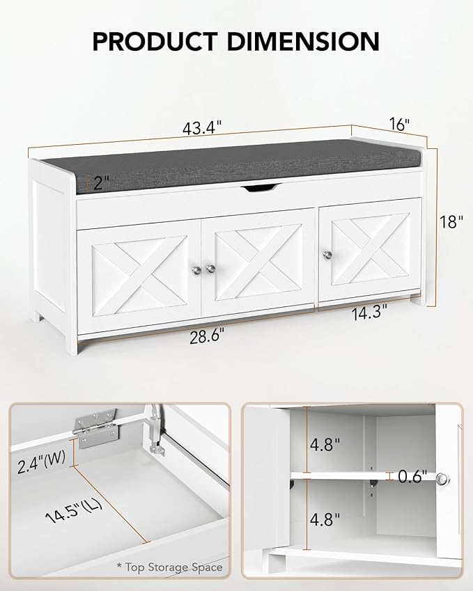 Amada Shoe Storage Bench, Entryway Bench with Cushioned Seat &amp; Lift Top Storage, 3 Doors, Adjustable Shelf, 300 lbs Capacity, Bench with Shoe Rack for Entryway, Bedroom, Living Room, White