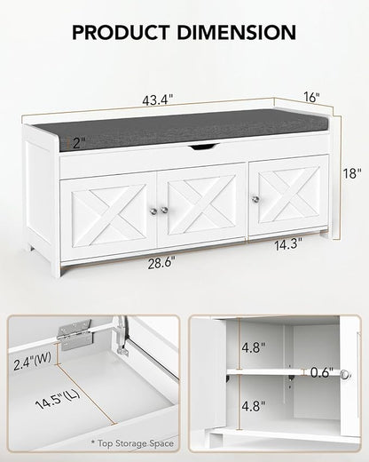 Amada Shoe Storage Bench, Entryway Bench with Cushioned Seat &amp; Lift Top Storage, 3 Doors, Adjustable Shelf, 300 lbs Capacity, Bench with Shoe Rack for Entryway, Bedroom, Living Room, White